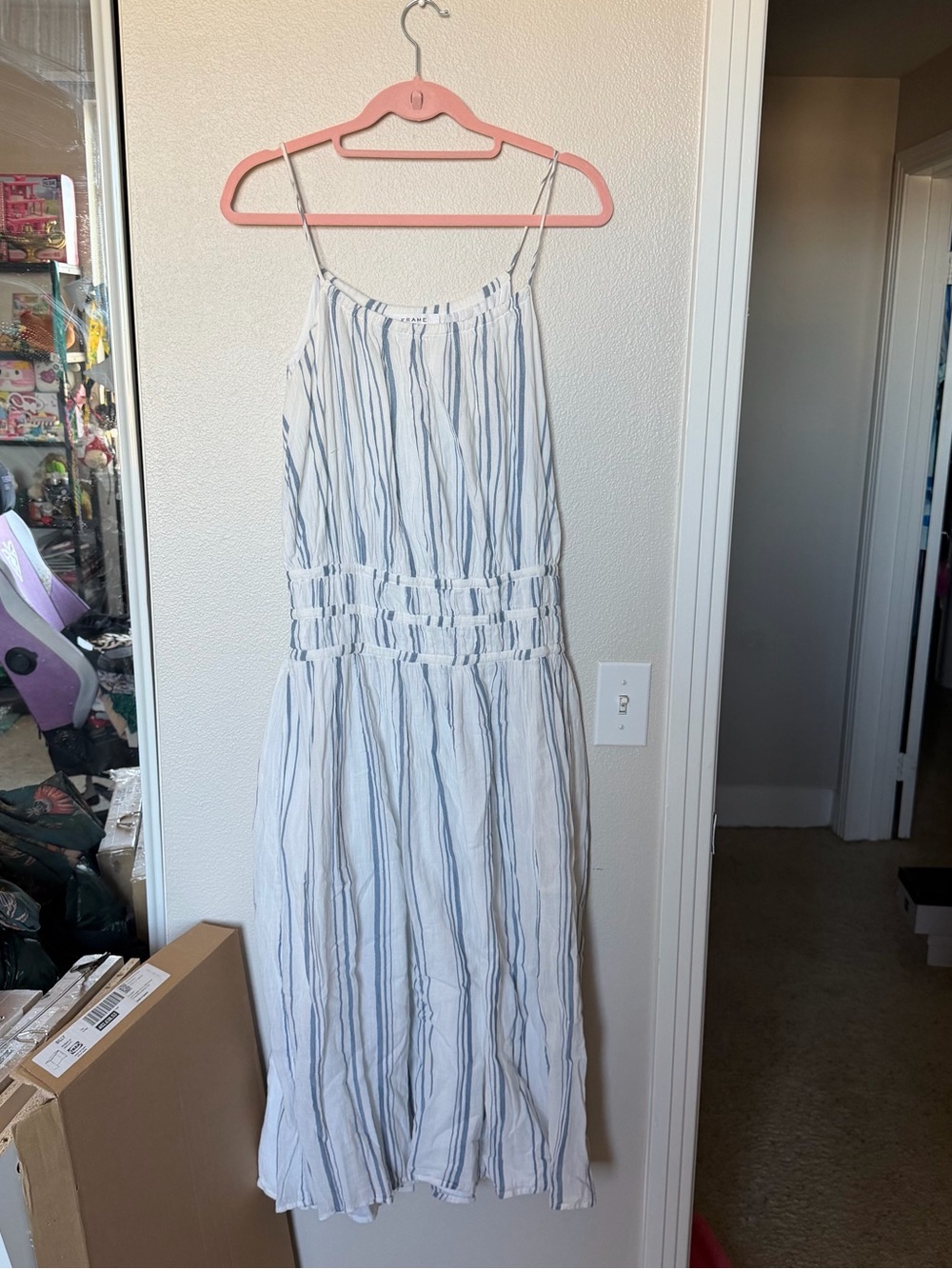 Frame Denim Striped White Maxi Dress with Blue Lines